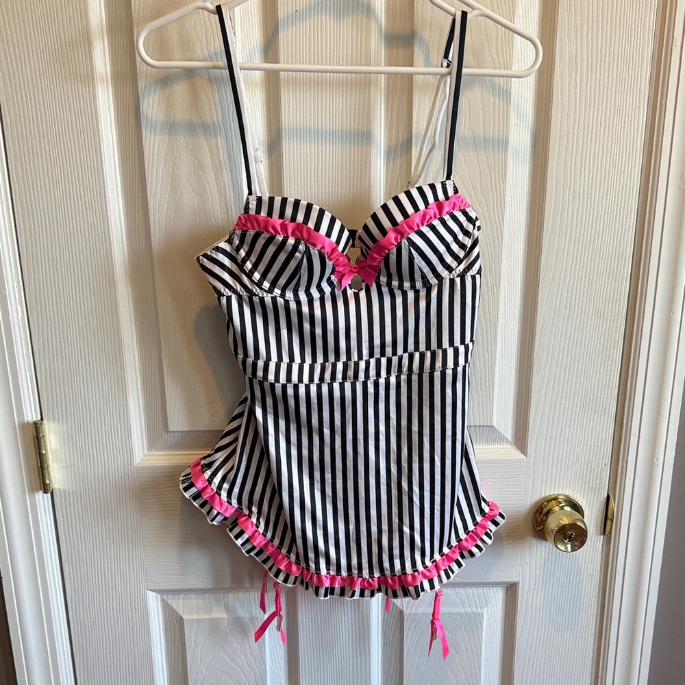 Victoria's Secret Black and White Striped Lingerie with pink accents